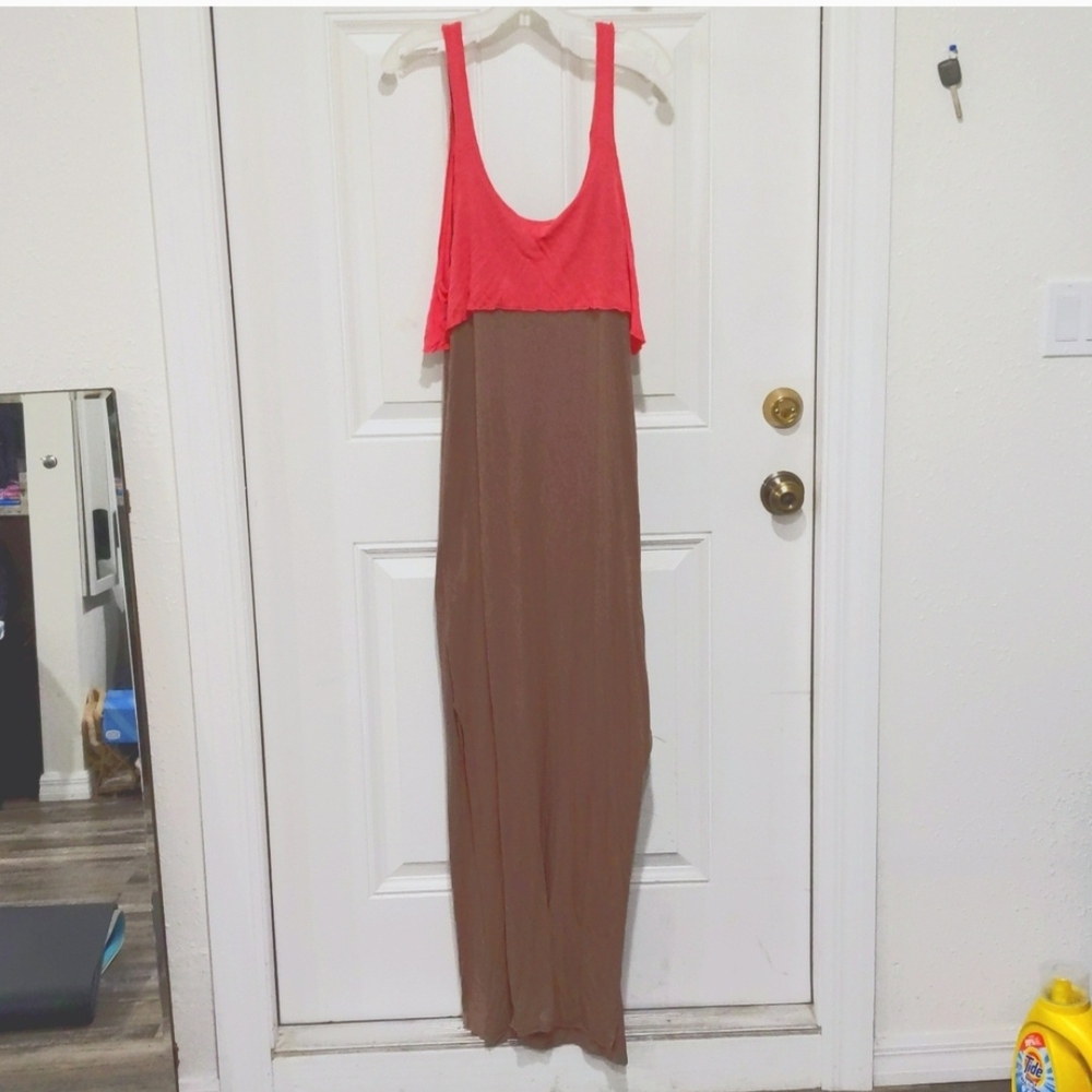Free People Vibrant Coral and Earthy Brown Maxi Dress
